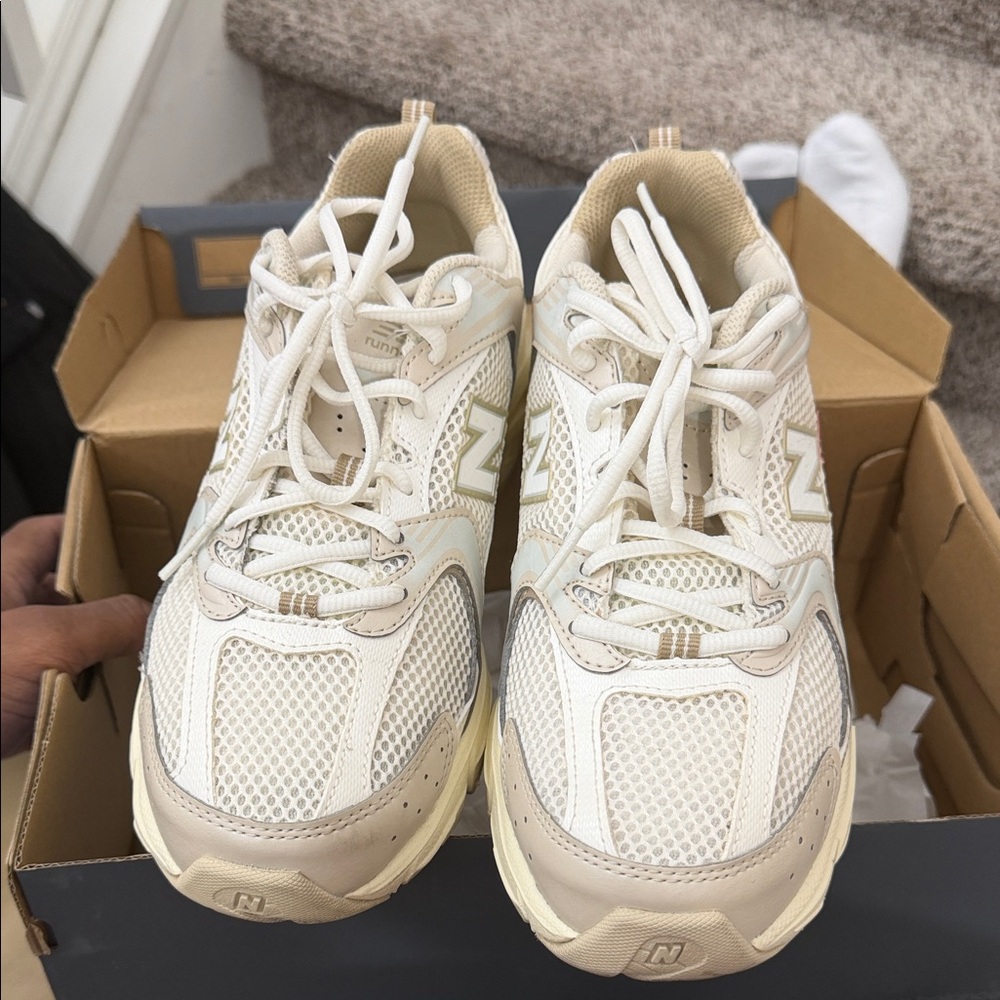 New Balance Beige and Off-White Running Shoes